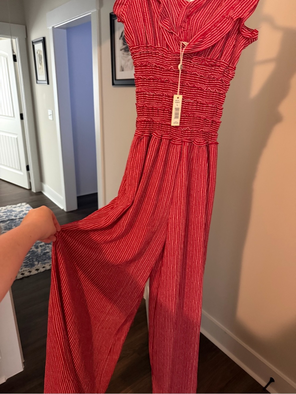 Red Smocked Ruffle-Strap jumpsuit - Picture 2 of 3